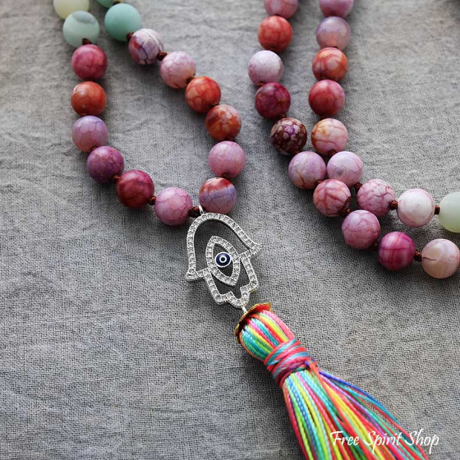 108 Purple Jasper Amazonite & Agate Hamsa Hand Mala Bead Necklace - Image 5