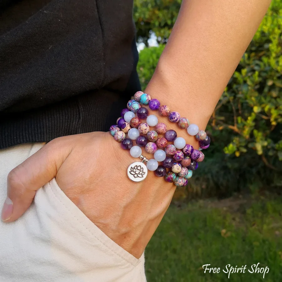 108 Purple Jasper & Amethyst Mala Bead Bracelet - Image 2