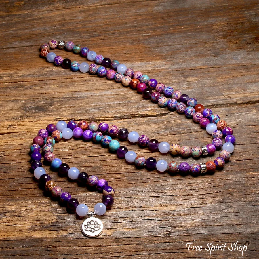 108 Purple Jasper & Amethyst Mala Bead Bracelet - Image 3