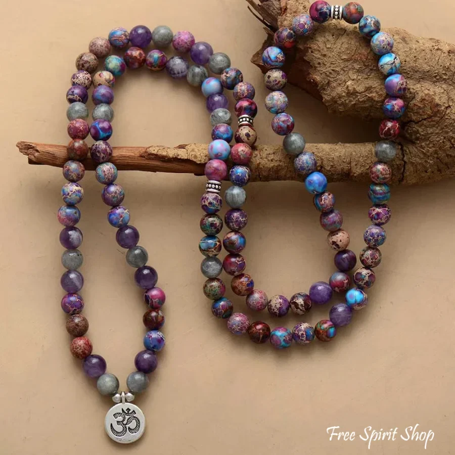 108 Purple Jasper & Labradorite Mala Bead Bracelet / Necklace