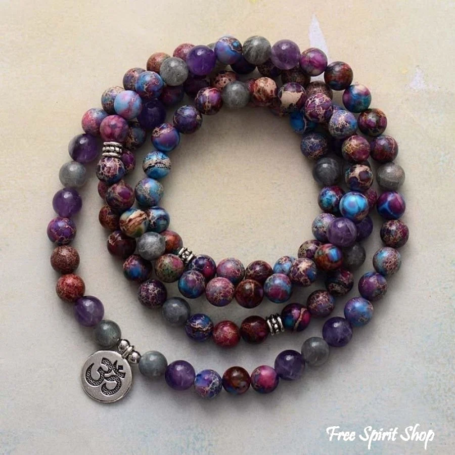 108 Purple Jasper & Labradorite Mala Bead Bracelet / Necklace - Image 2