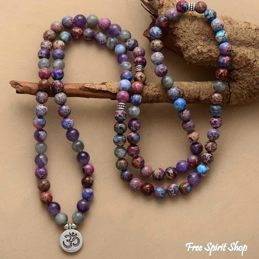 108 Purple Jasper & Labradorite Mala Bead Bracelet / Necklace - Image 3