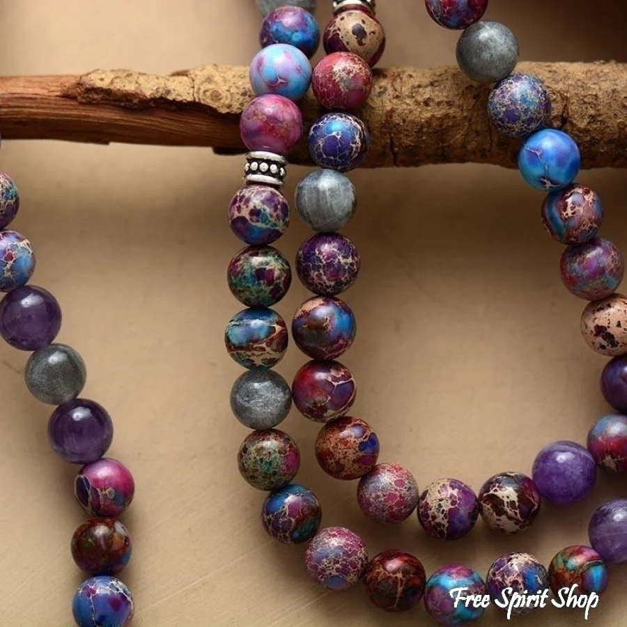 108 Purple Jasper & Labradorite Mala Bead Bracelet / Necklace - Image 4