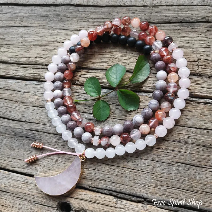 108 Red Crystal Rose Quartz & Black Onyx Mala Bead Moon Necklace - Image 2