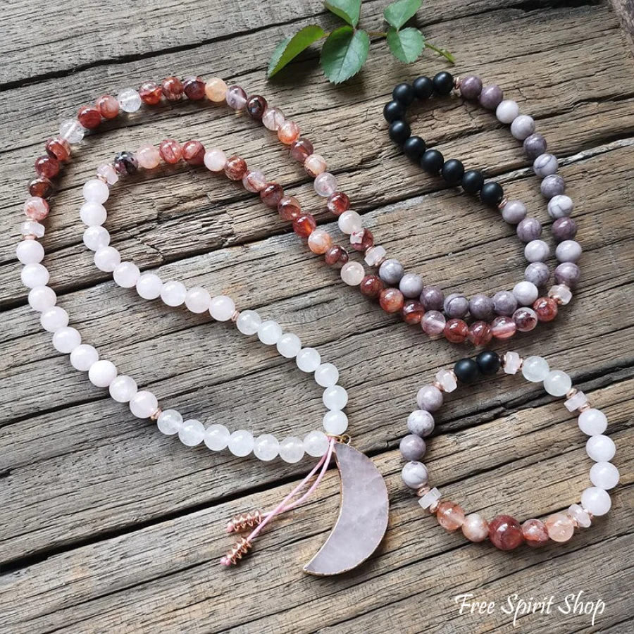 108 Red Crystal Rose Quartz & Black Onyx Mala Bead Moon Necklace - Image 3