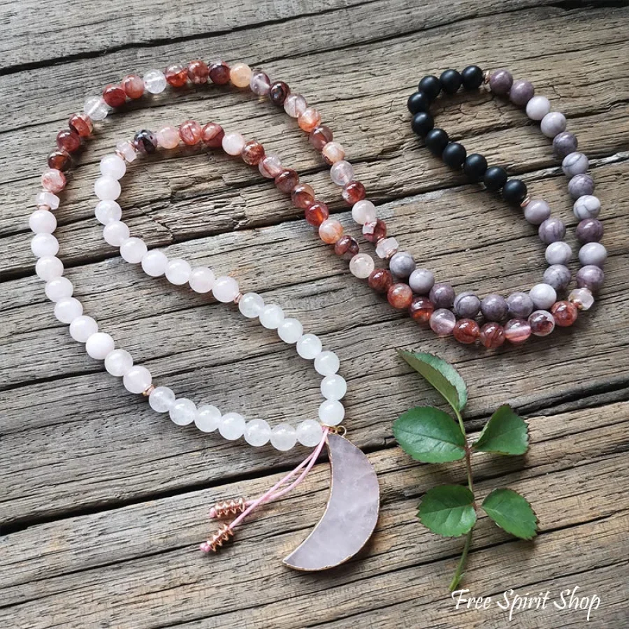 108 Red Crystal Rose Quartz & Black Onyx Mala Bead Moon Necklace - Image 4