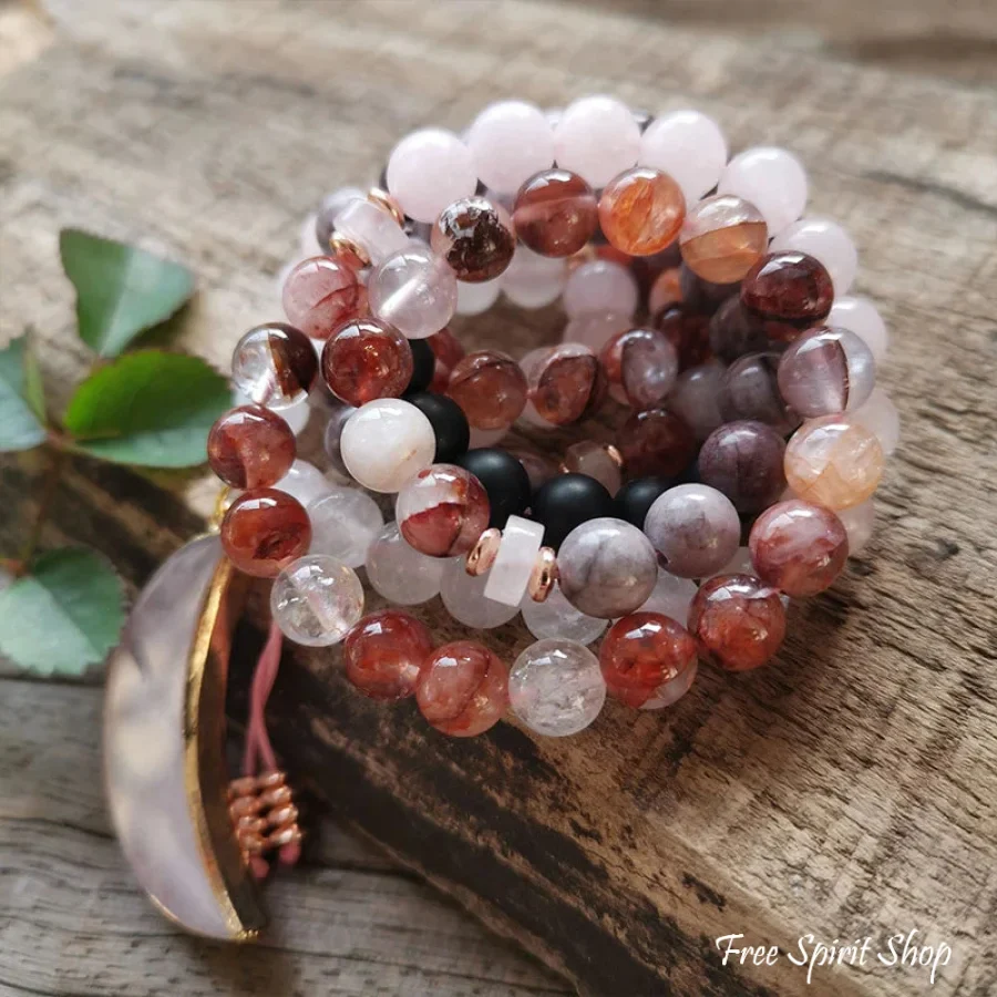 108 Red Crystal Rose Quartz & Black Onyx Mala Bead Moon Necklace - Image 5