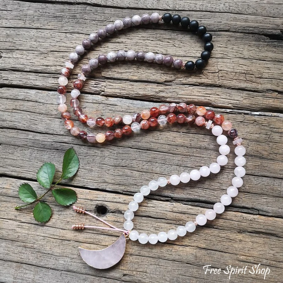 108 Red Crystal Rose Quartz & Black Onyx Mala Bead Moon Necklace - Image 7