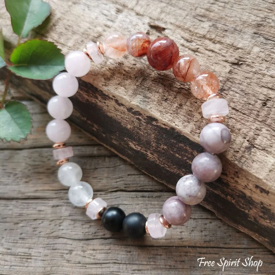 108 Red Crystal Rose Quartz & Black Onyx Mala Bead Moon Necklace - Image 8