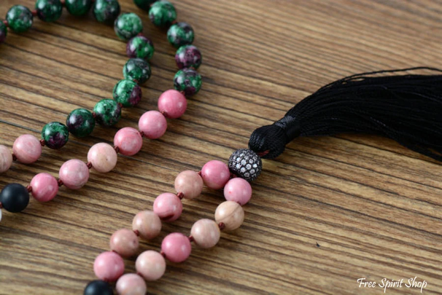 108 Rhodonite Green Stone & Howlite Mala Bead Necklace - Image 3