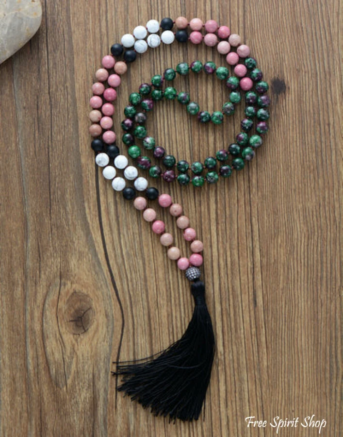 108 Rhodonite Green Stone & Howlite Mala Bead Necklace - Image 4