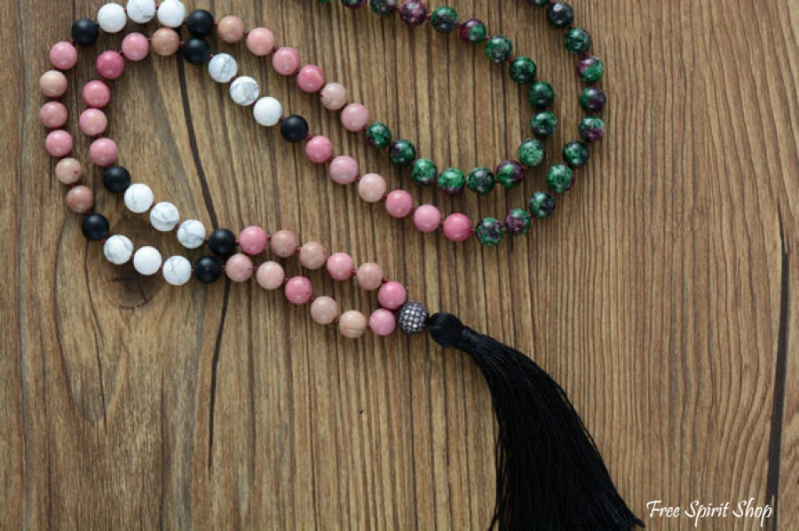 108 Rhodonite Green Stone & Howlite Mala Bead Necklace - Image 5