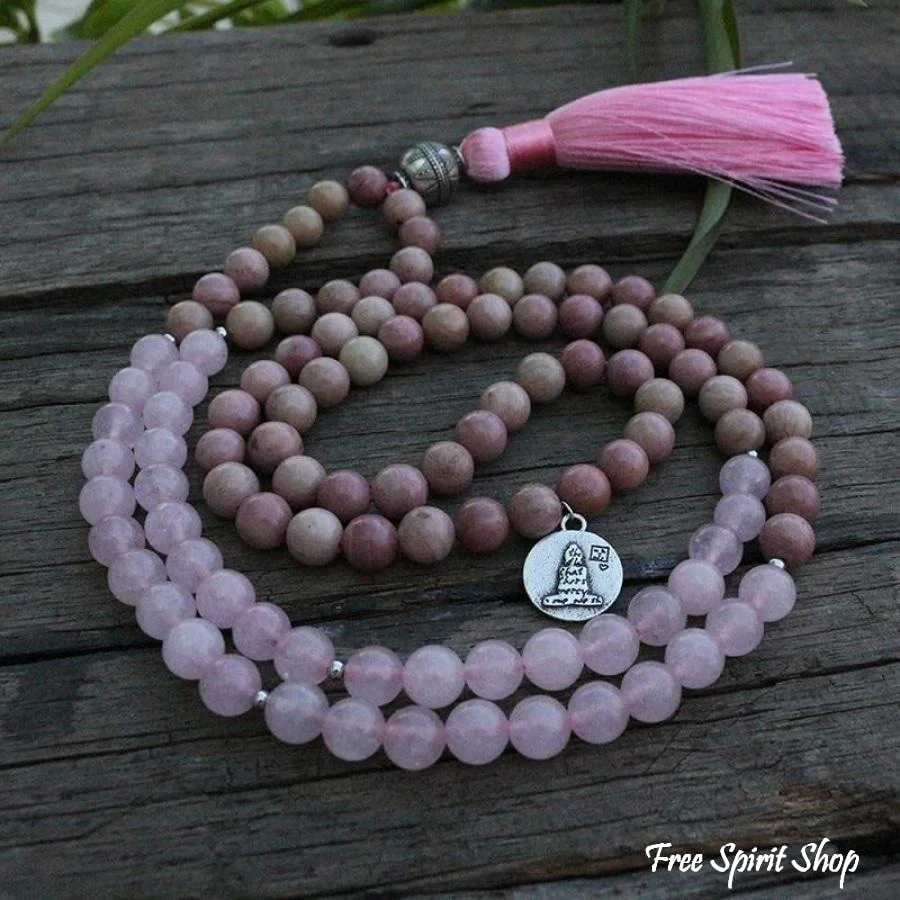 108 Rhodonite & Rose Quartz Mala Beads Necklace - Image 3