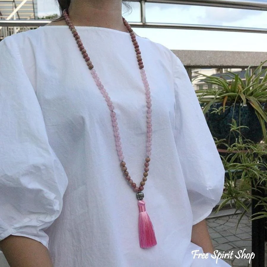 108 Rhodonite & Rose Quartz Mala Beads Necklace - Image 4