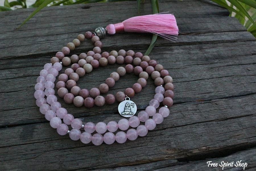 108 Rhodonite & Rose Quartz Mala Beads Necklace - Image 5