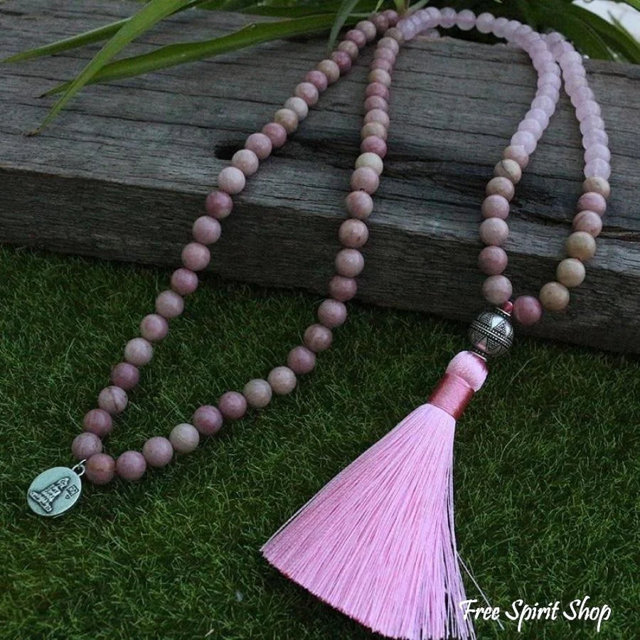 108 Rhodonite & Rose Quartz Mala Beads Necklace - Image 6