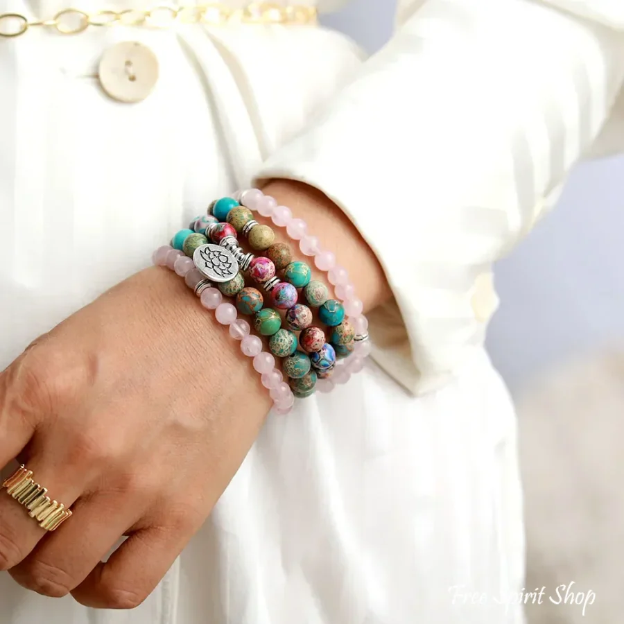 108 Rose Quartz, Turquoise & Purple Jasper Mala Bead Bracelet - Image 2