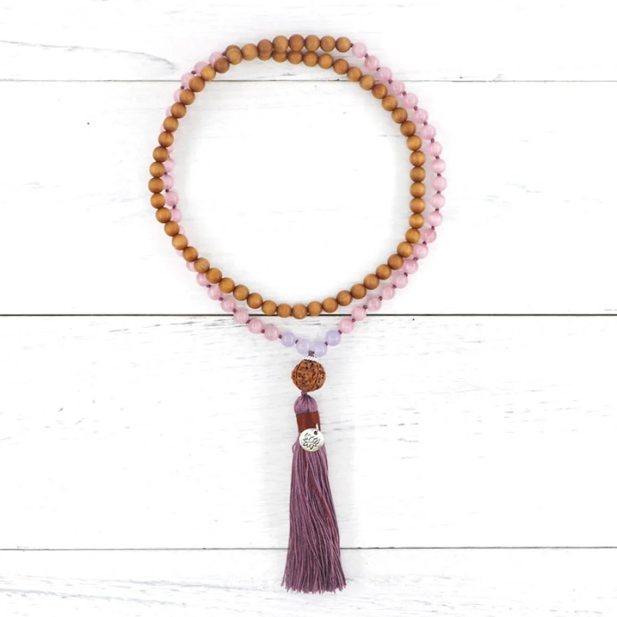 108 Sandalwood & Pink Opal Mala Bead Necklace With Rudraksha Guru Bead - Image 2