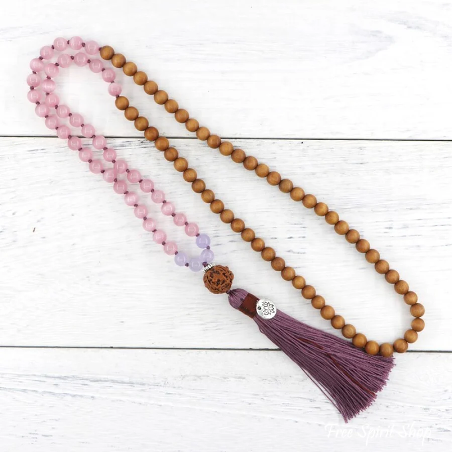 108 Sandalwood & Pink Opal Mala Bead Necklace With Rudraksha Guru Bead - Image 3