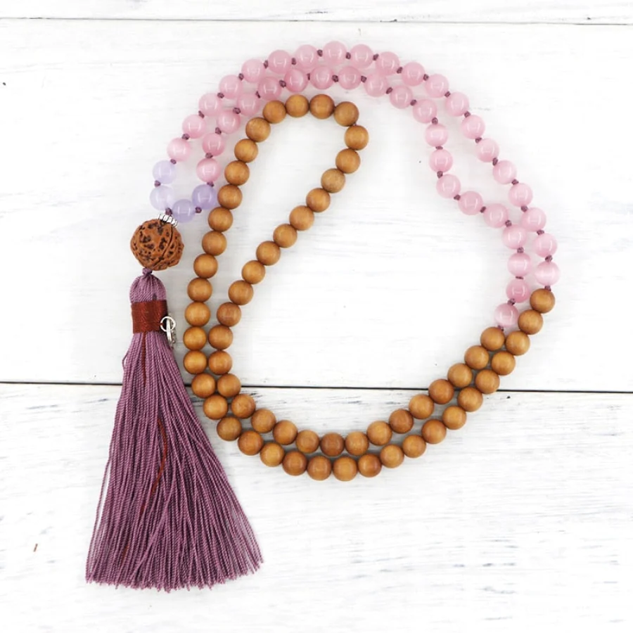108 Sandalwood & Pink Opal Mala Bead Necklace With Rudraksha Guru Bead - Image 4
