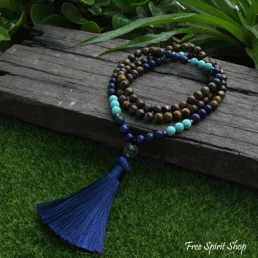108 Natural Tiger Eye & Lapis Lazuli Mala Beads Necklace - Image 2