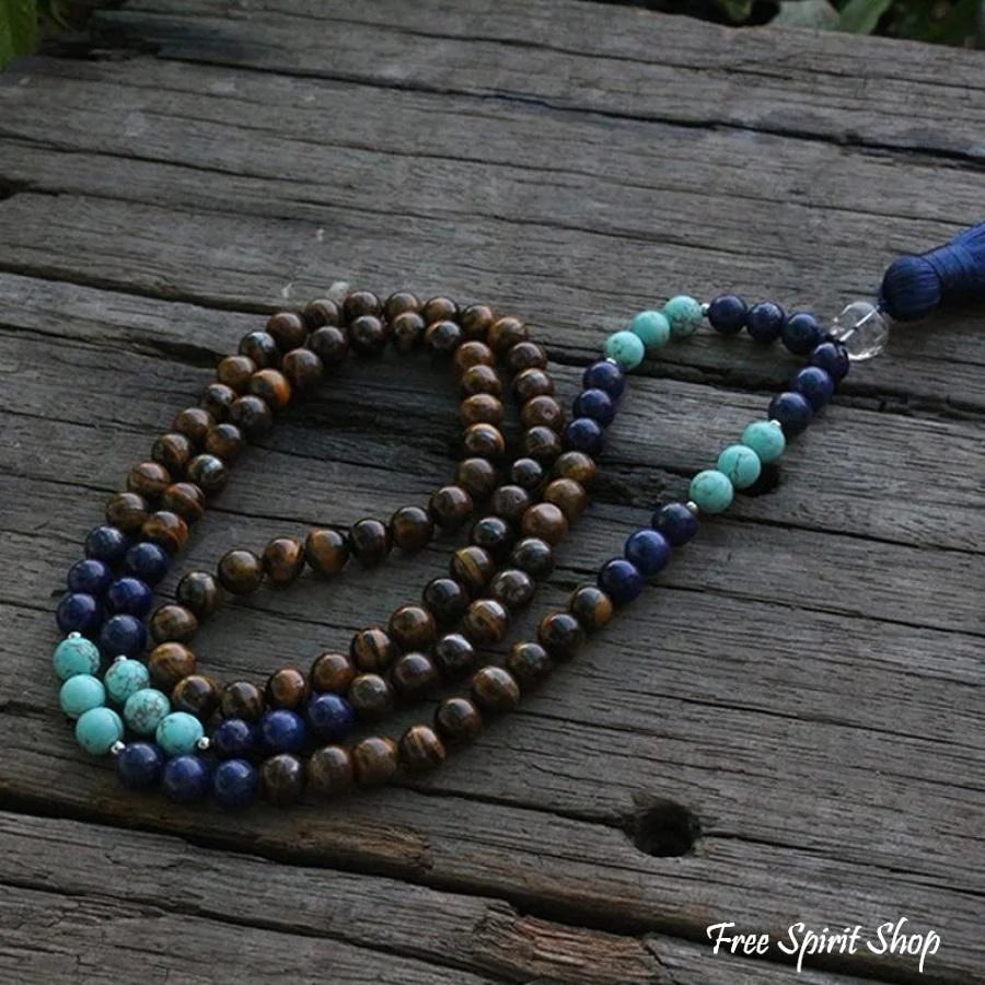 108 Natural Tiger Eye & Lapis Lazuli Mala Beads Necklace - Image 3