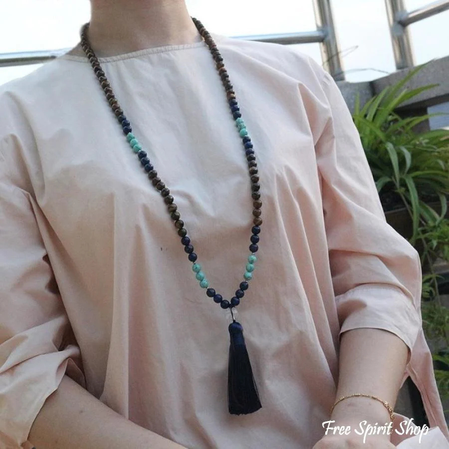 108 Natural Tiger Eye & Lapis Lazuli Mala Beads Necklace - Image 4