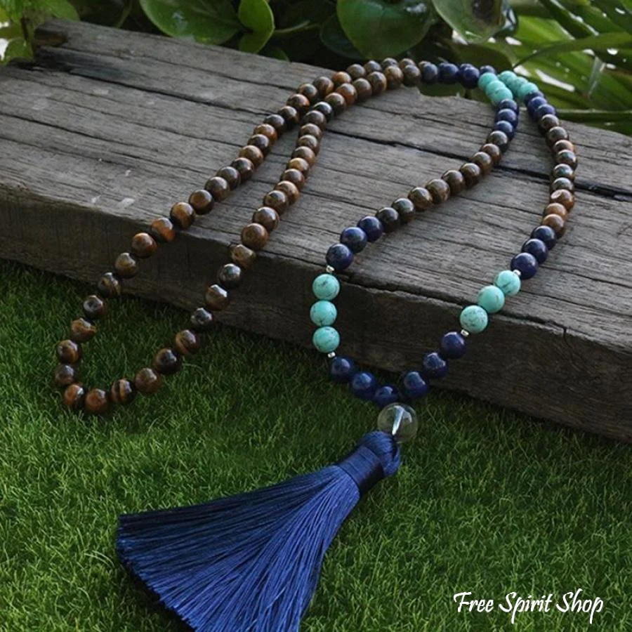 108 Natural Tiger Eye & Lapis Lazuli Mala Beads Necklace - Image 5