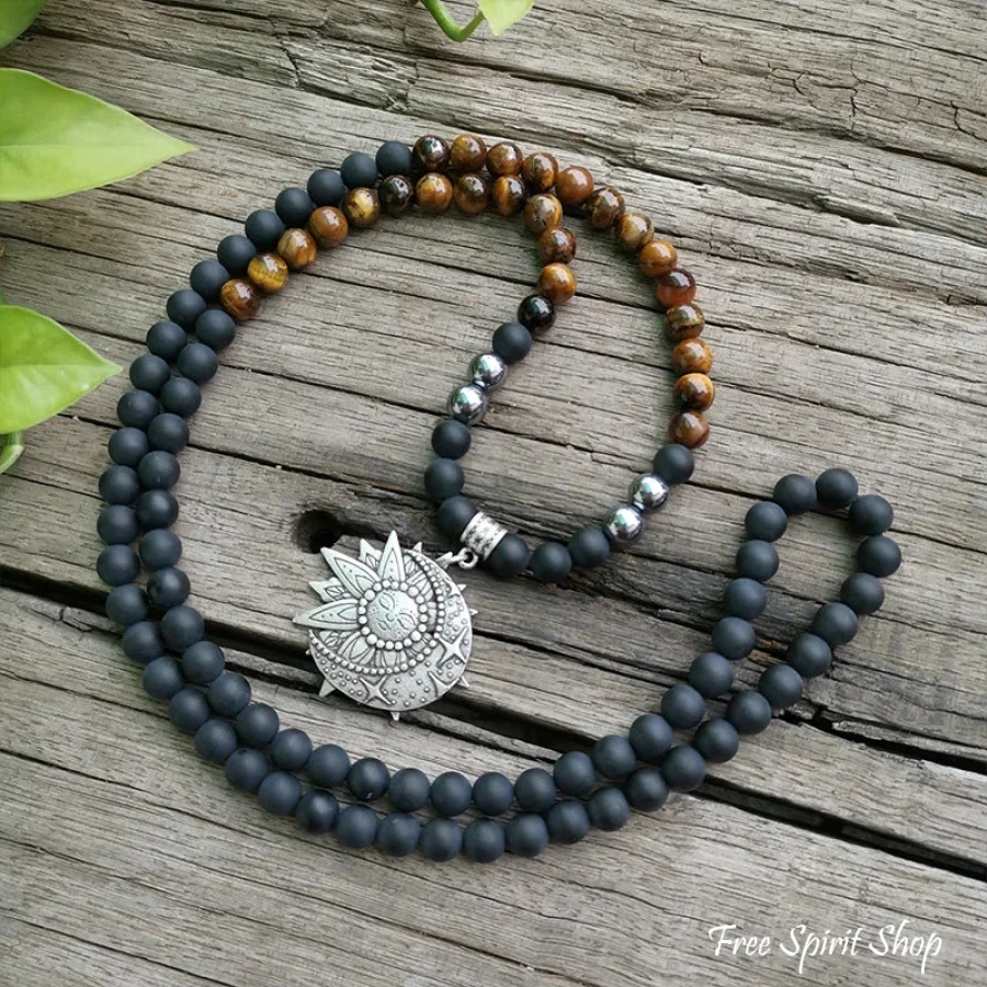 108 Tiger Eye & Matte Black Onyx Mala Bead Necklace - Image 11