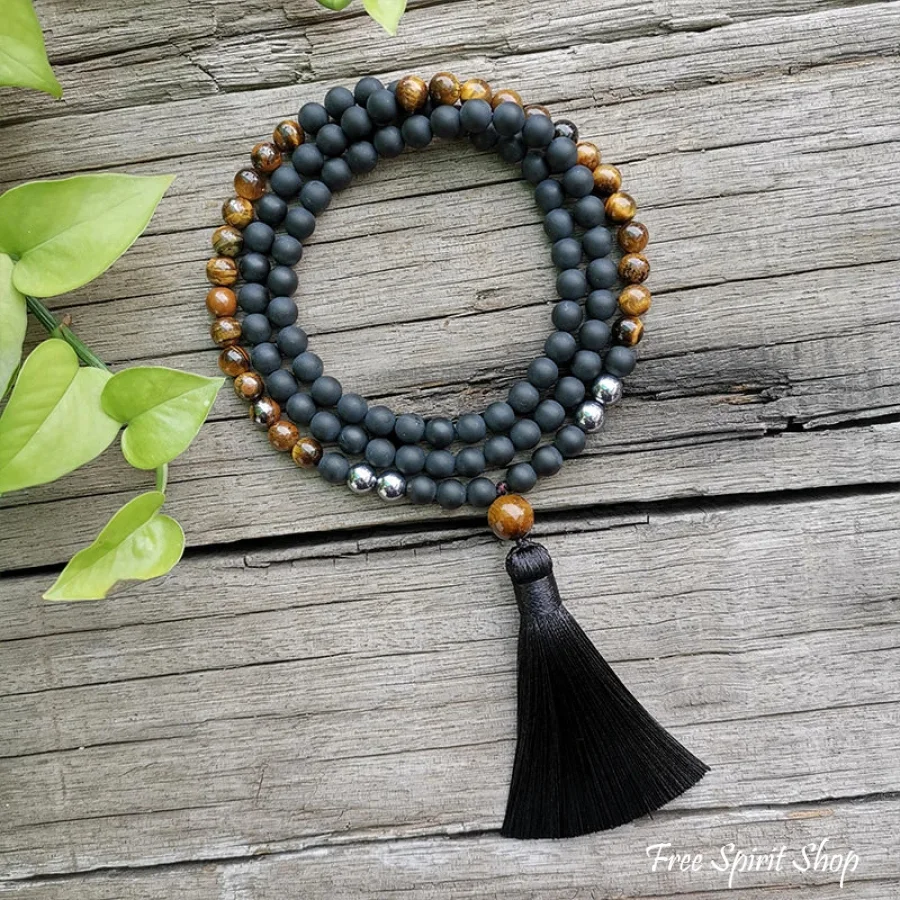 108 Tiger Eye & Matte Black Onyx Mala Bead Necklace - Image 2