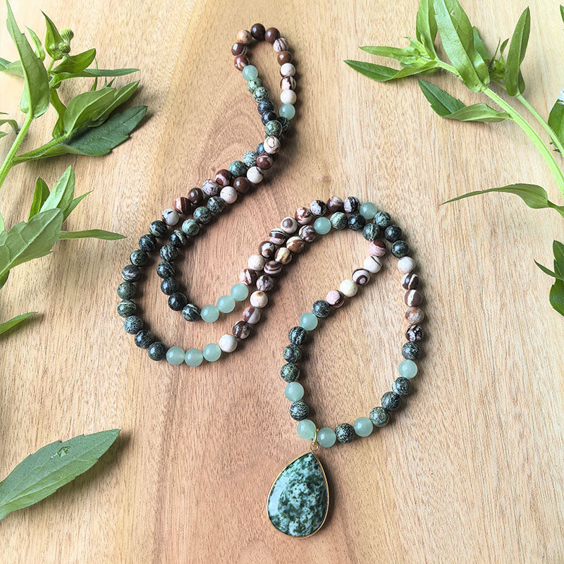 108 Zebra Jasper Green Jade & Green Aventurine Mala Bead Necklace - Image 2