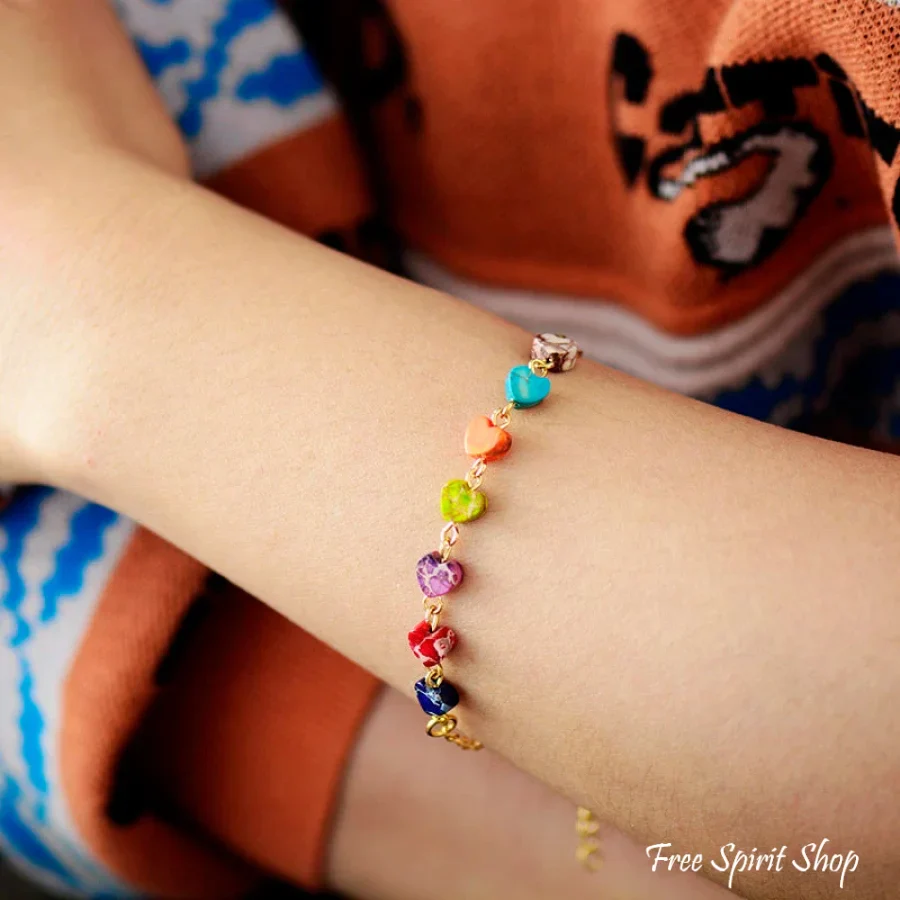 7 Chakra Jasper Hearts Gold Chain Bracelet - Image 2