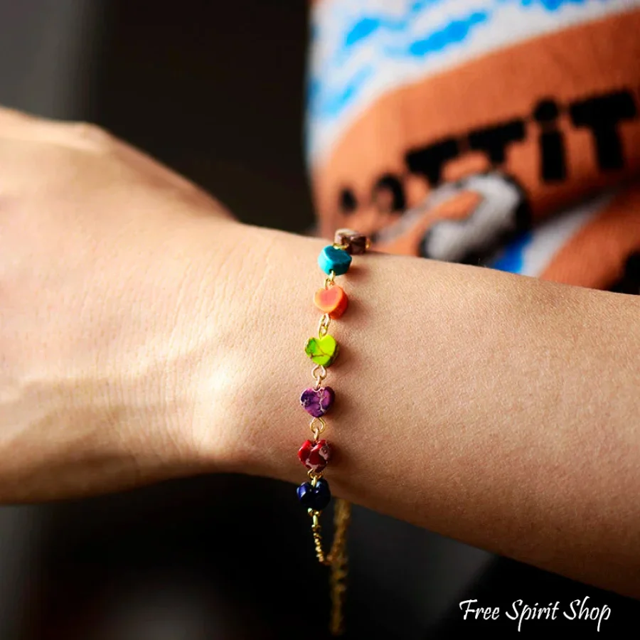 7 Chakra Jasper Hearts Gold Chain Bracelet - Image 3