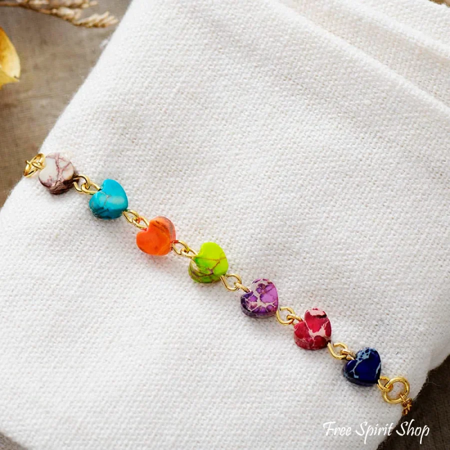 7 Chakra Jasper Hearts Gold Chain Bracelet - Image 4