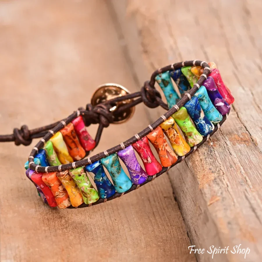7 Chakra Jasper Tube Bead Leather Bracelet - Image 2