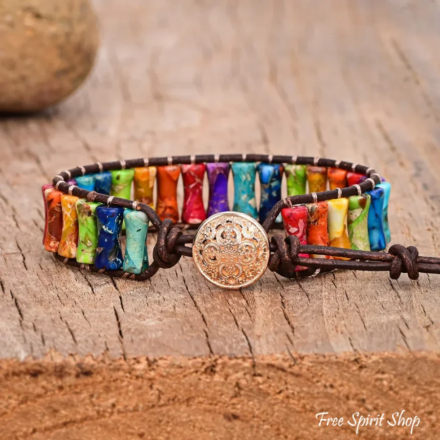 7 Chakra Jasper Tube Bead Leather Bracelet - Image 3