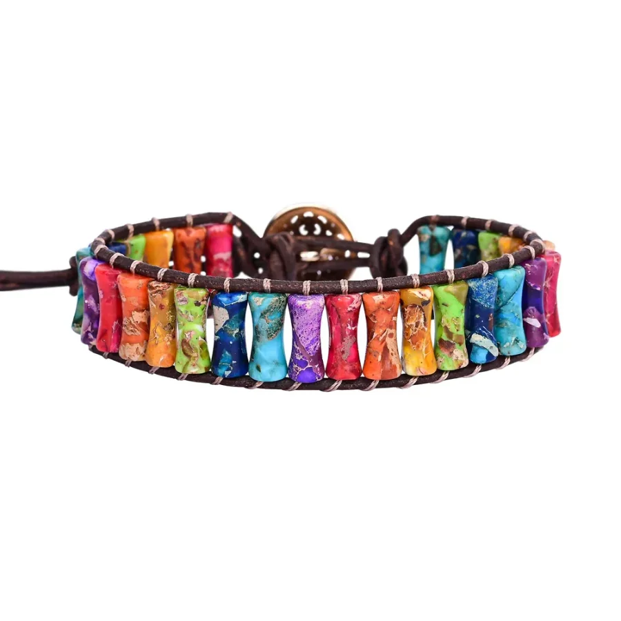 7 Chakra Jasper Tube Bead Leather Bracelet - Image 4