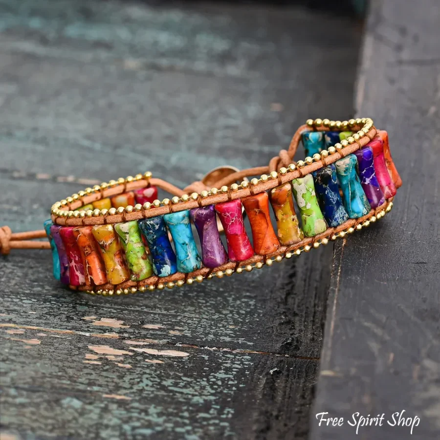 7 Chakra Jasper Tube Bead Leather Bracelet With Gold Accents