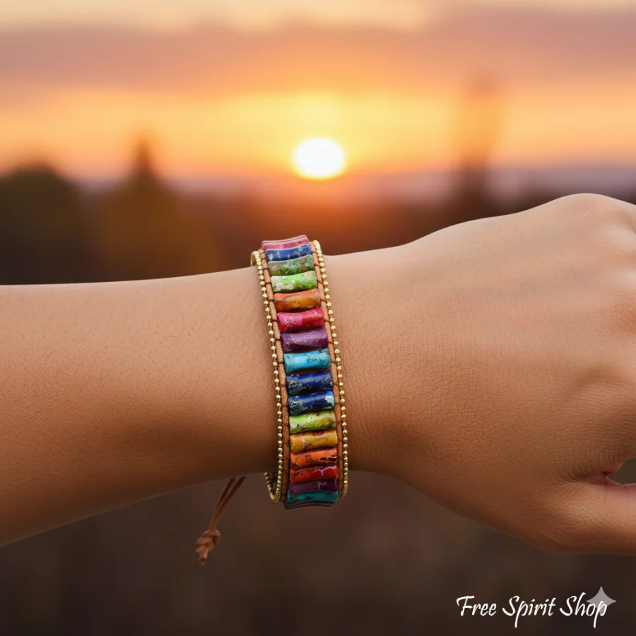 7 Chakra Jasper Tube Bead Leather Bracelet With Gold Accents - Image 2