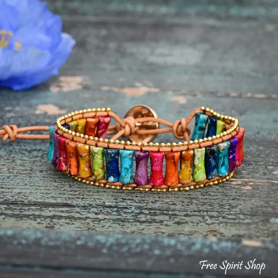 7 Chakra Jasper Tube Bead Leather Bracelet With Gold Accents - Image 3