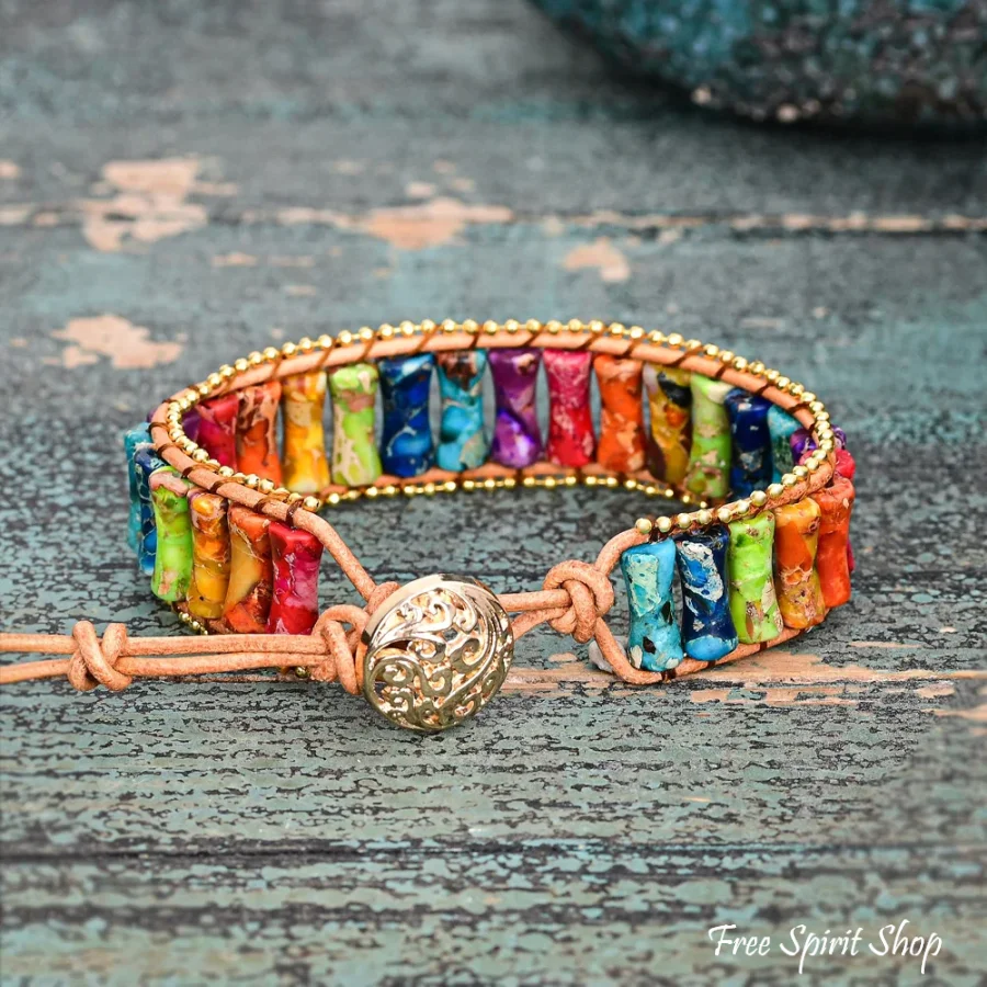 7 Chakra Jasper Tube Bead Leather Bracelet With Gold Accents - Image 4