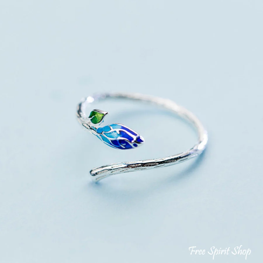 925 Sterling Silver Leaf & Blue Flower Ring - Image 3