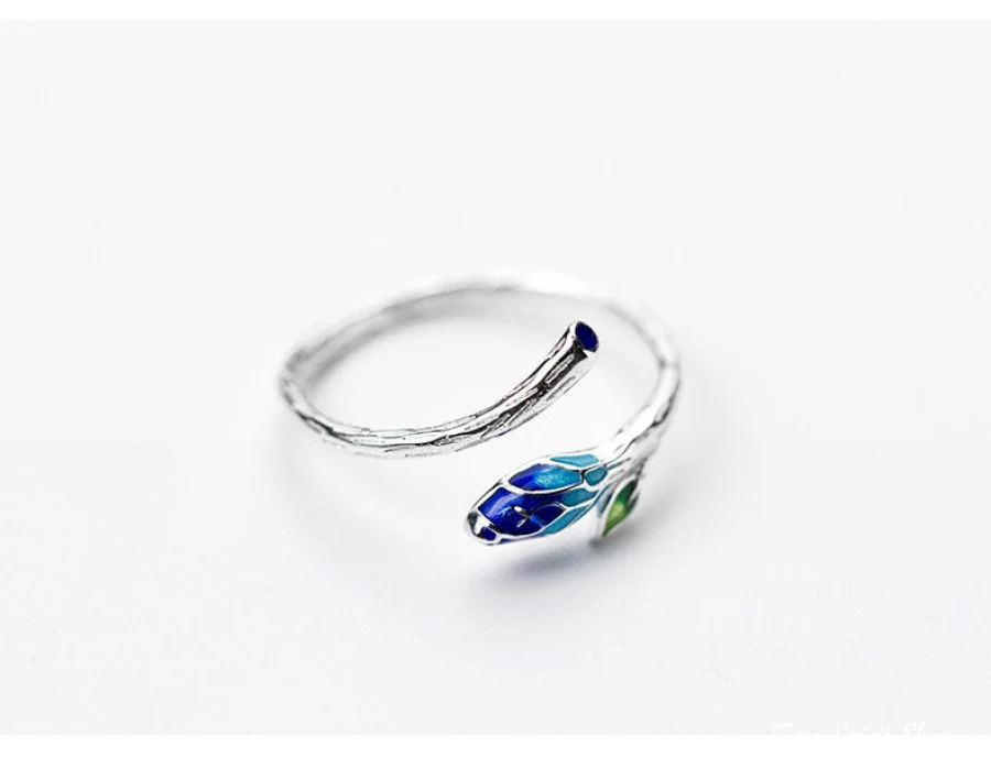925 Sterling Silver Leaf & Blue Flower Ring - Image 4