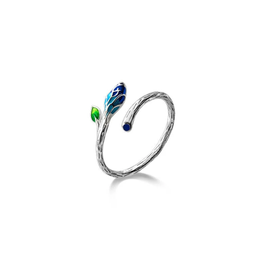 925 Sterling Silver Leaf & Blue Flower Ring - Image 6