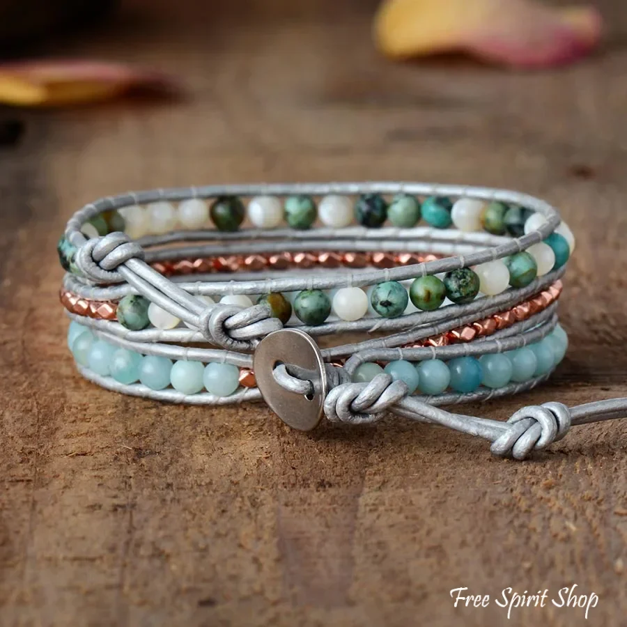 African Turquoise, Amazonite & Rose Gold Bead Bracelet - Image 3