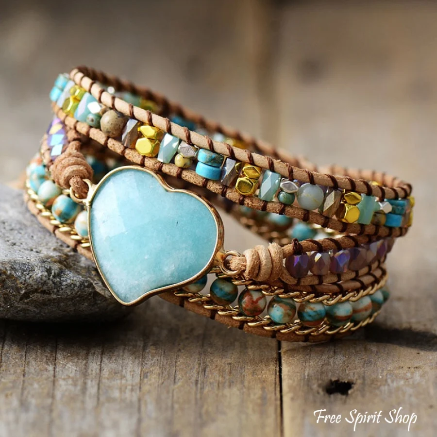 Amazonite Heart & Mixed Beads Wrap Bracelet - Image 3