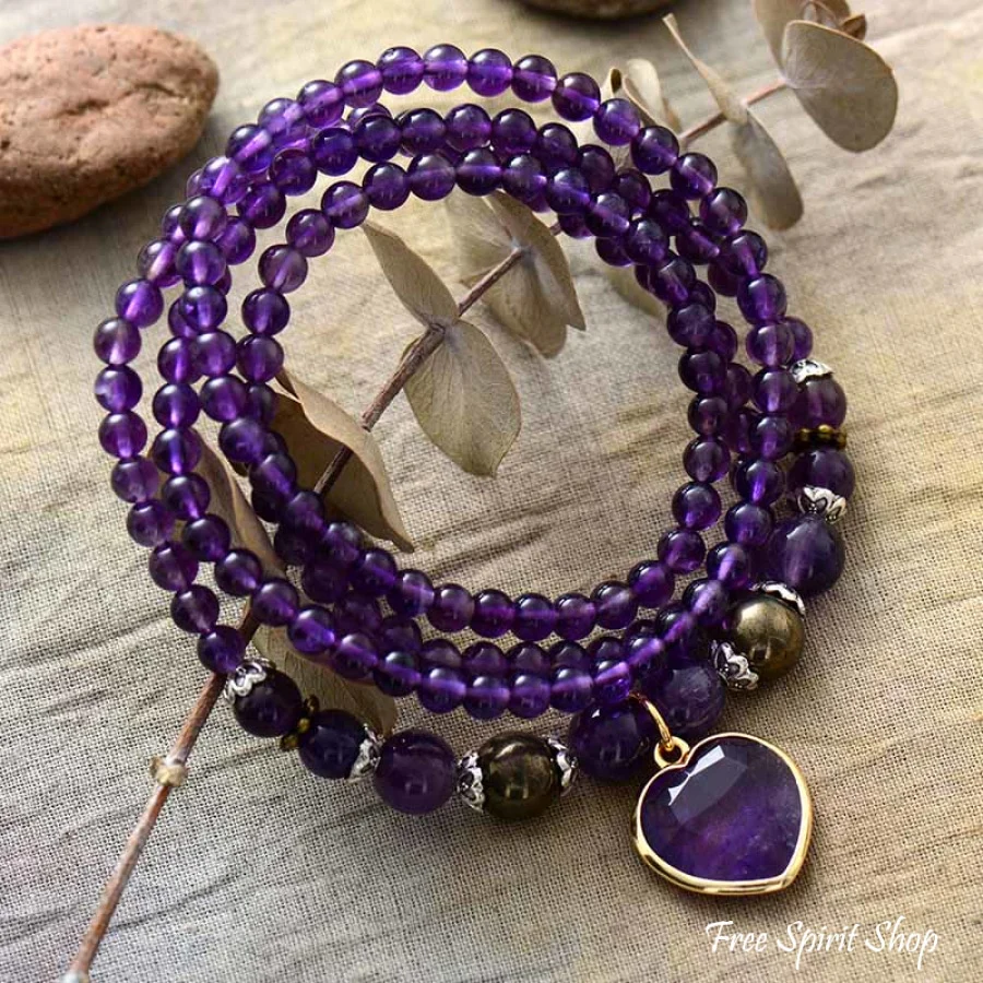 Amethyst & Heart Charm Bead Bracelet / Necklace - Image 3