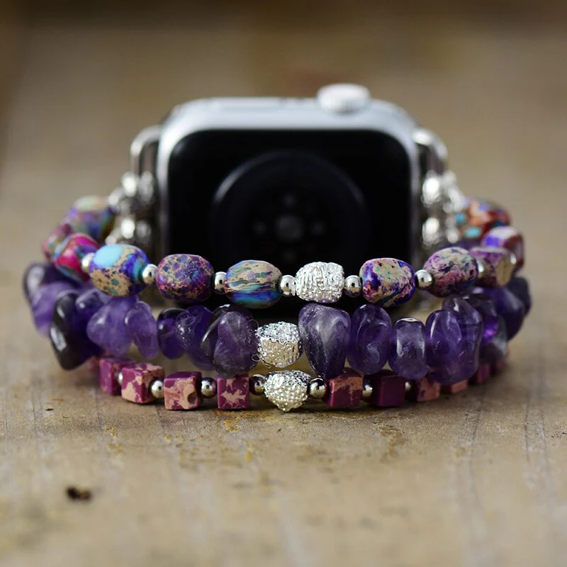 Amethyst & Purple Jasper Elastic Beaded Apple Watch Band - Image 5