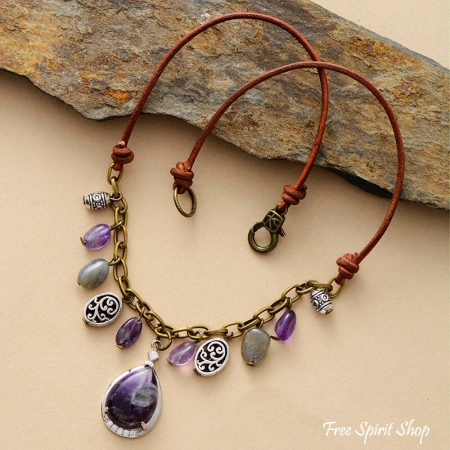 Antique Amethyst Labradorite & Silver Charms Necklace