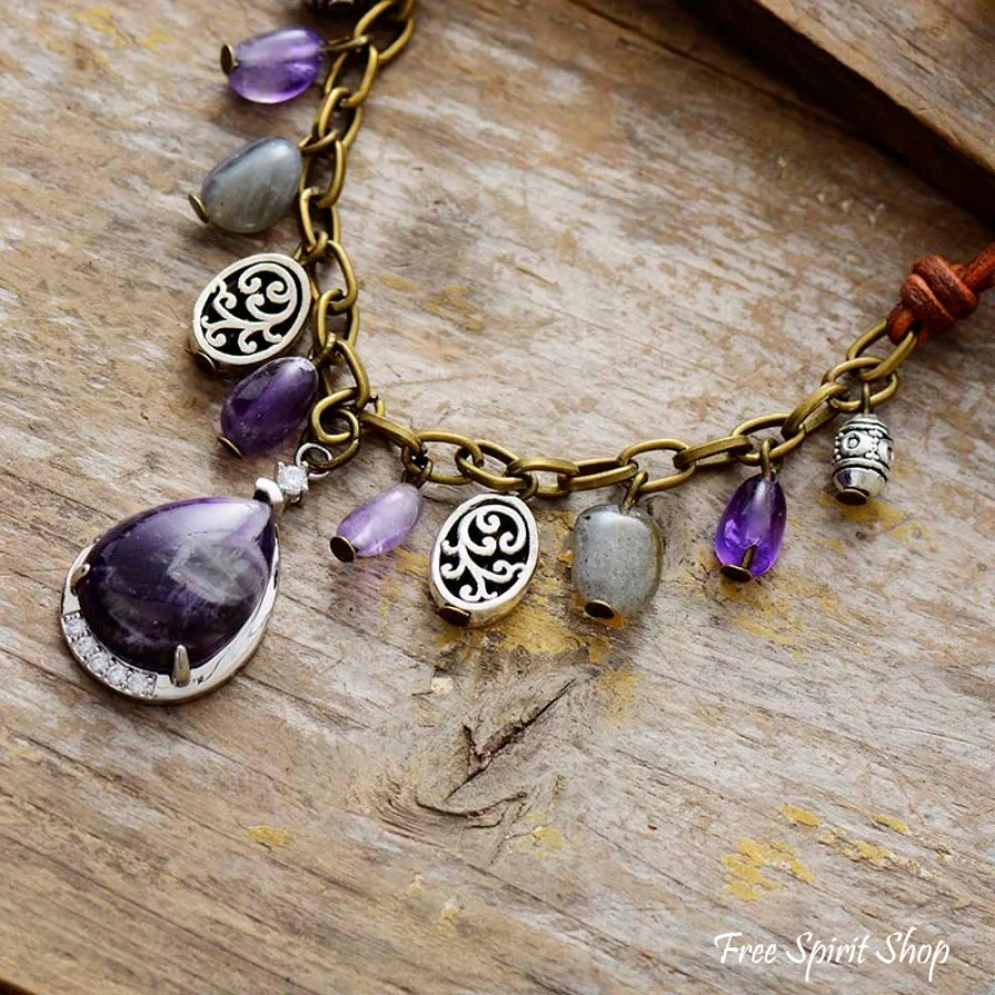 Antique Amethyst Labradorite & Silver Charms Necklace - Image 2